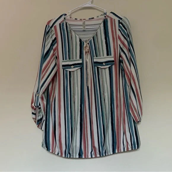 Women’s Large PERSEPTION CONCEPT Multi-Stripe Quarter Zip Blouse Top - Picture 1 of 6